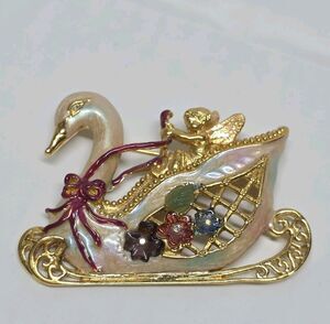 Kirks Folly Swan Princess Sleigh Angel Cherub Goldtone Enamel Brooch Pin Vintage